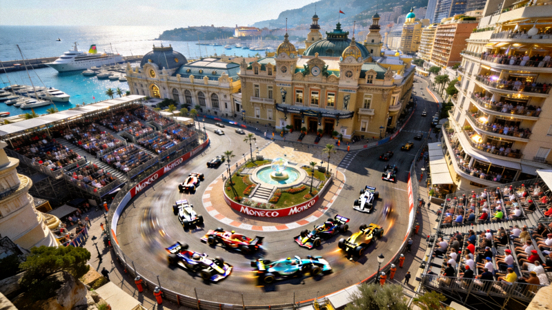 F1摩纳哥大奖赛蒙特卡洛赛道鸟瞰图，赛车在狭窄的街道中穿行