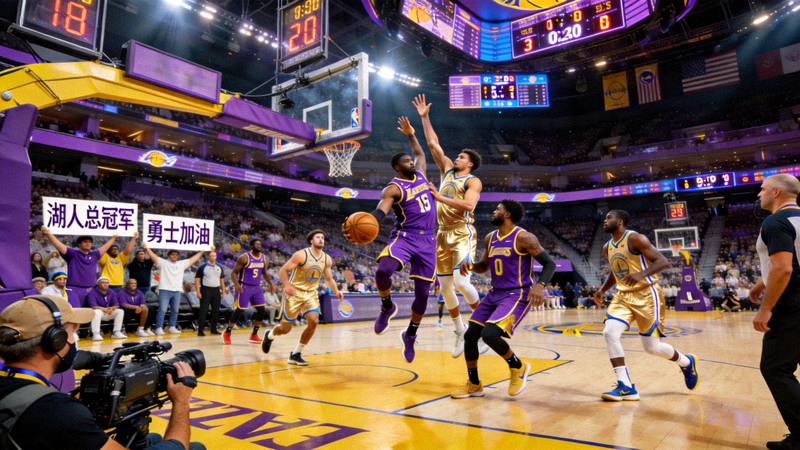 NBA季后赛西部半决赛湖人队与勇士队比赛现场直播画面，球员正在激烈对抗